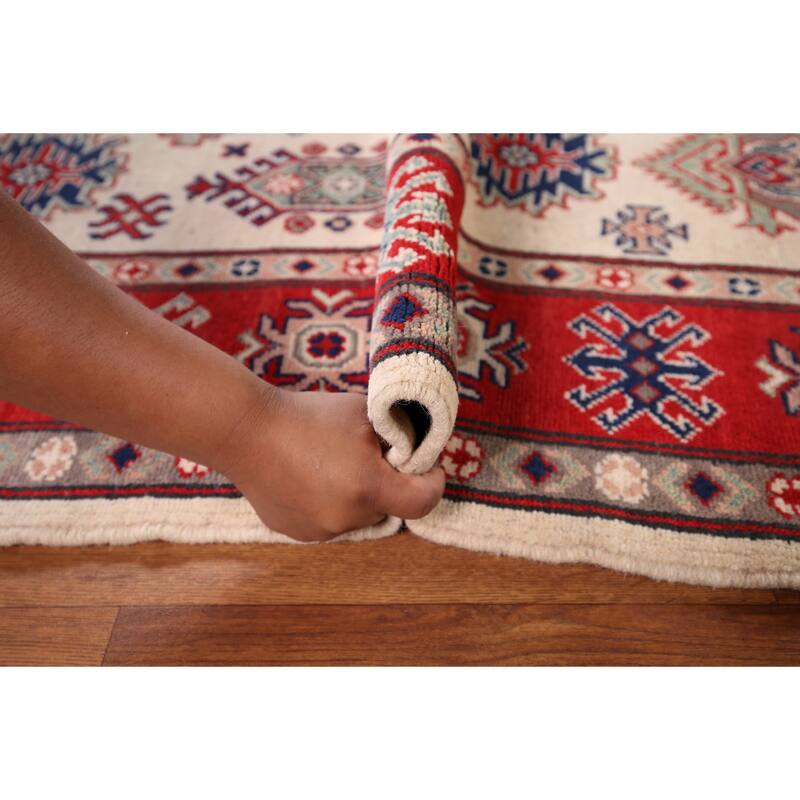 Geometric Kazak Area Rug Hand-Knotted Bedroom Beige Wool Carpet - 5'2" x 6'7"