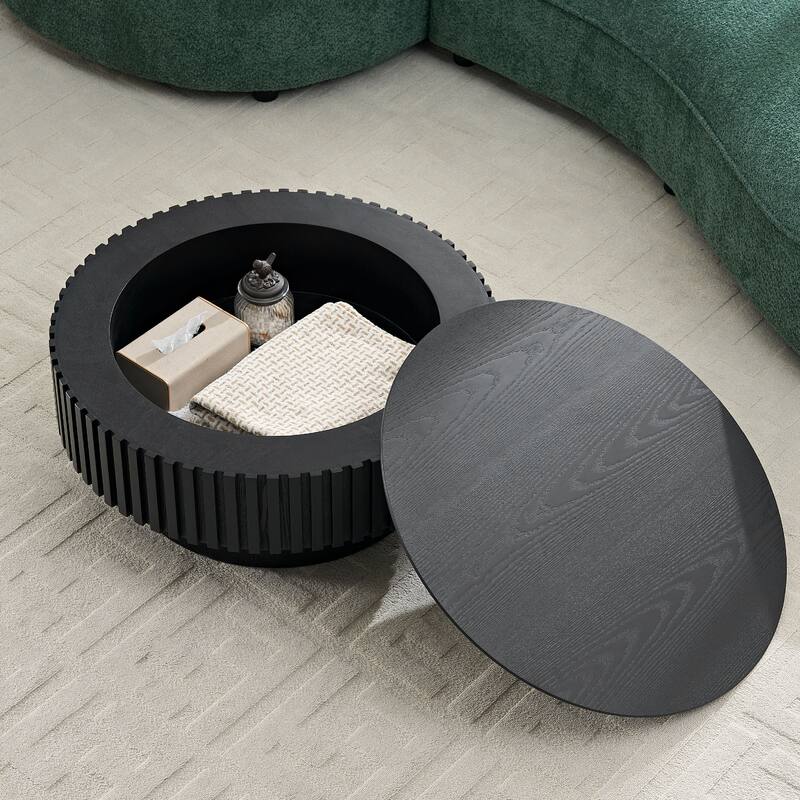 31.5" Round Wood Coffee Table with Storage, Modern Handcraft Drum Coffee Table, Stylish Circle Wooden Center Table - Black