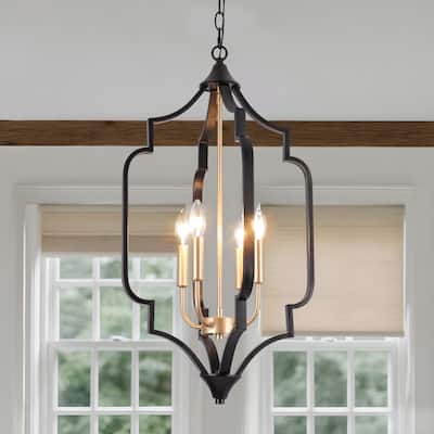 Modern 4-Light Black Gold Chandelier Metal Cage Candle Pendant Lights for Dining Room - 15" L x 15" W x 27" H