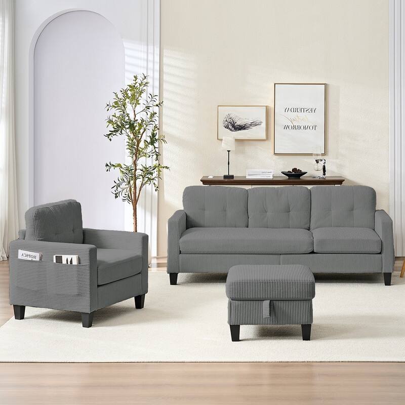 Mixoy 76'' L-Shaped Sofa Set,Corduroy Sectional Sofa,Mid Century 3-Seater Sofa with Storage Ottoman/Loveseat/Single Sofa