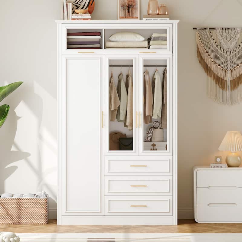 3 Door Wardrobe Built-in LED Light Clothes Storage Cabinet / 3 Drawers White Armoire Closet - White