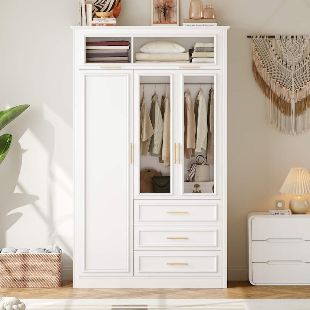 3 Door Wardrobe Built-in LED Light Clothes Storage Cabinet / 3 Drawers White Armoire Closet