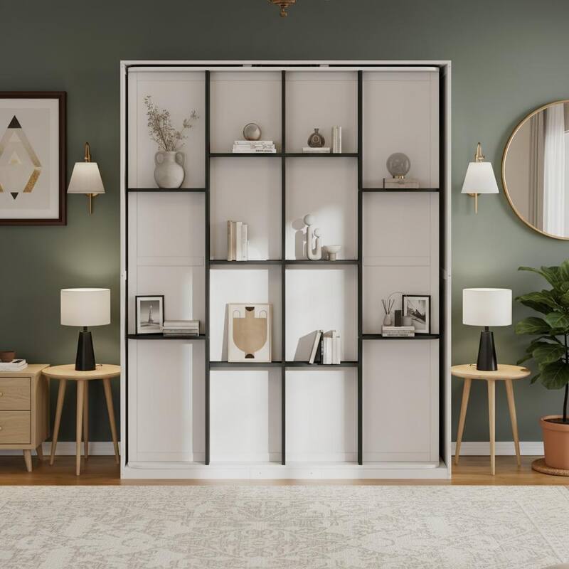 360° Rotating Queen Murphy Bed Cabinet with 14-Shelf Hidden Bookcase by Harper&Bright Designs