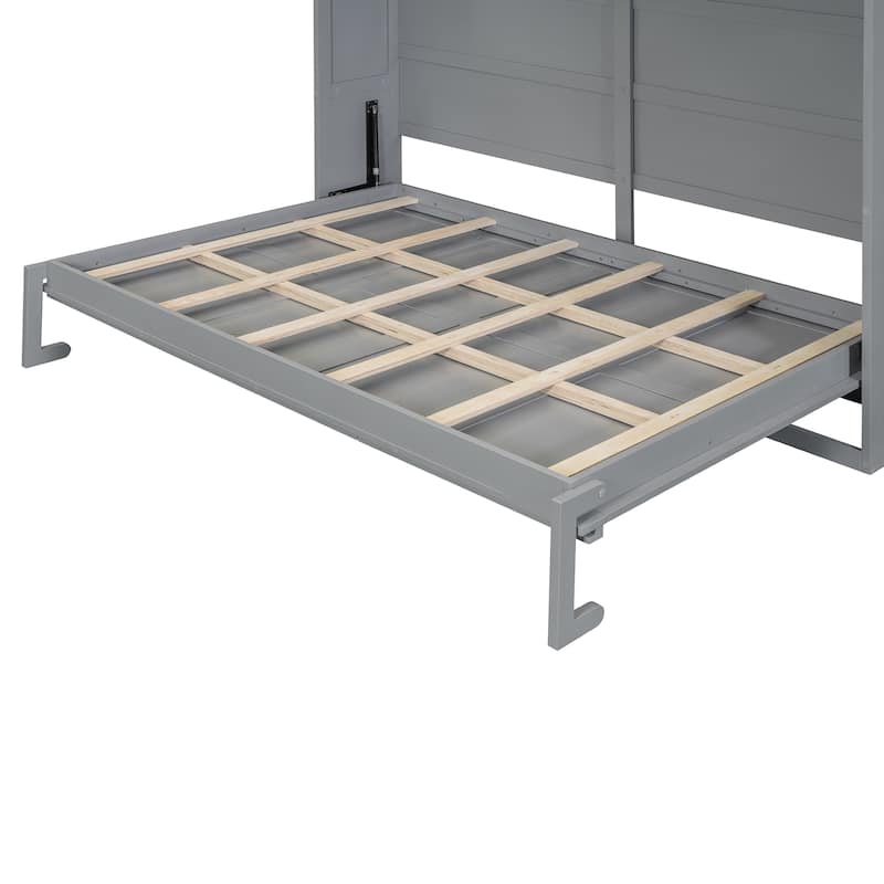 Full/Queen Size Murphy Bed with Rattan Doors and Charging Station, Hideaway Wood Wall Chest Bed Frame, No Box Spring Needed