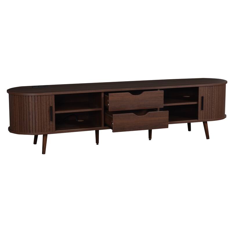 Mid Century Modern TV Stand for TVs up to 80 Inch, Sliding Barn Door TV Cabinet Media Console Table with Outlets and USB Ports