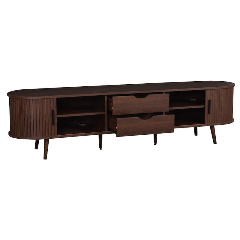 Roomfitters 70" Mid-Century Modern TV Stand with Tambour Doors and Drawers, Entertainment Console with Power Outlet, Walnut