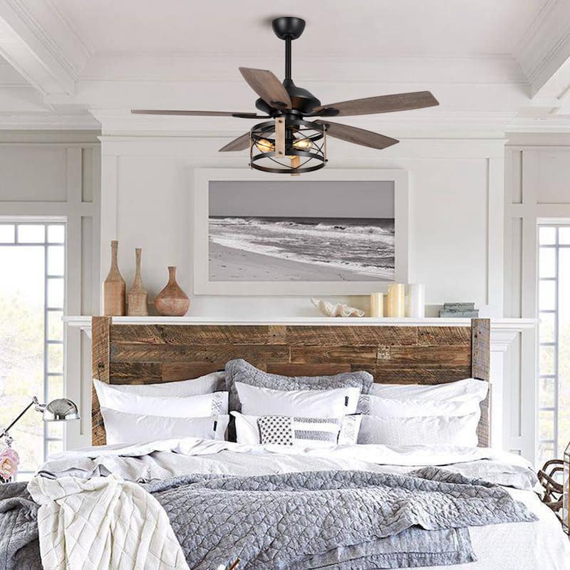 52-inch Walnut Wood 5-Blade Industrial Indoor Ceiling Fan with Remote