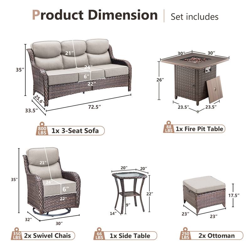Pocassy 7 Pieces Outdoor 6" Sofa Swivel Chair Ottoman with Fire Pit Table