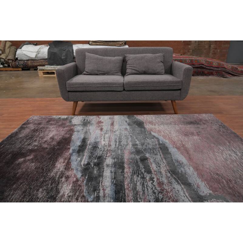 Hand Knotted Oriental Viscose Silk Carpet Modern Pictorial Multi-Colored Abstract Area Rug - 7' 9'' X 5' 8''