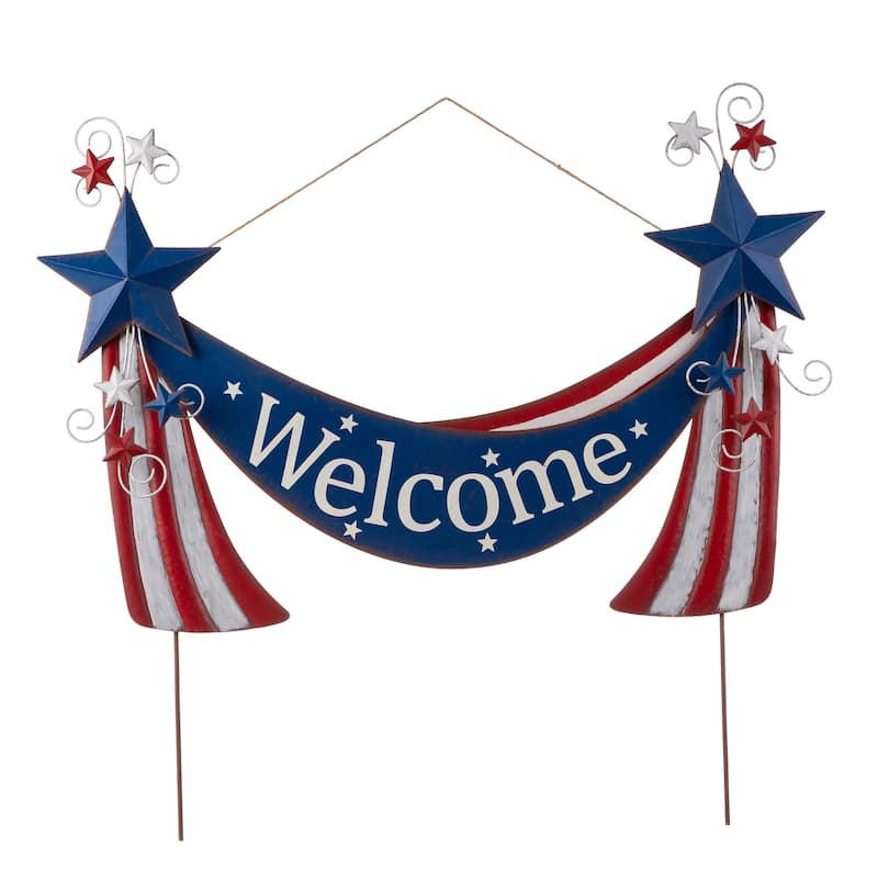 Glitzhome Metal Americana Stars Stripes Yard Stake Wall Sign with Welcome Flag