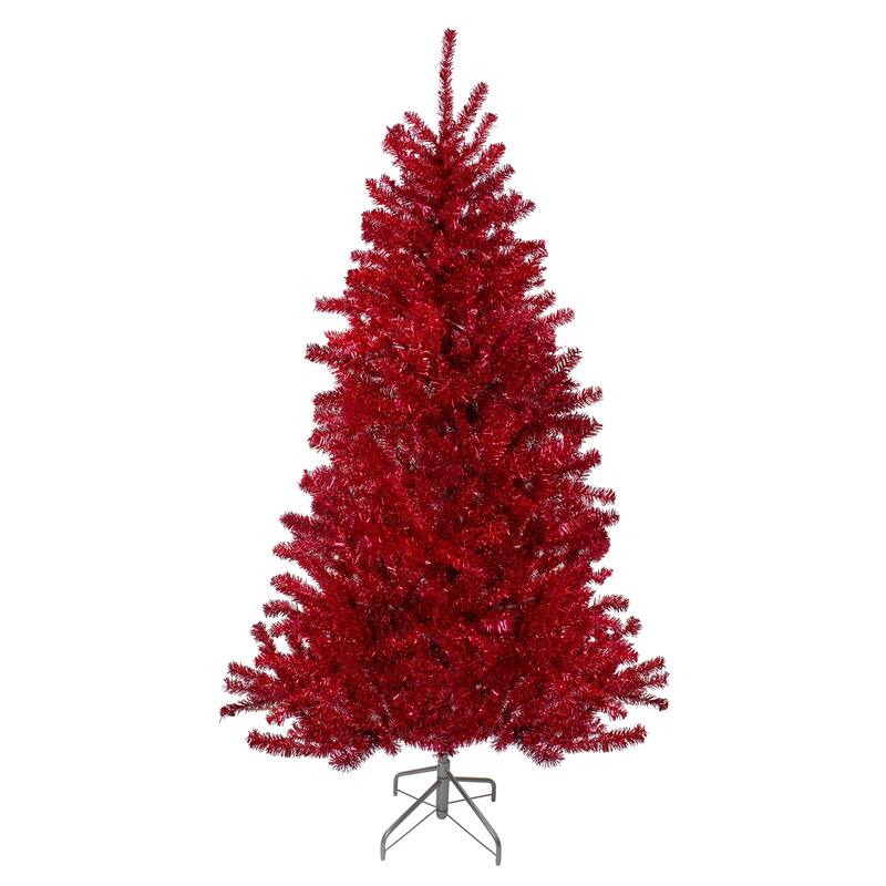 7' Metallic Artificial Tinsel Christmas Tree - Unlit - Red Light