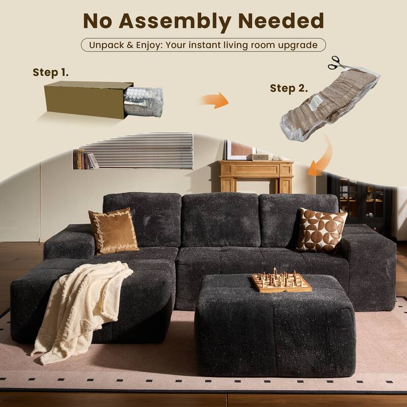 HOOOWOOO Modern Sparkly Velvet Fabric Chaise Sofa Couch with Ottoman