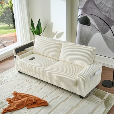 83" Comfy Sofa Corduroy Couch with Storage Armrest,USB/Type-C Port for Living Room