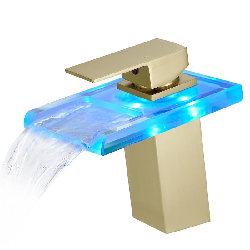 Bathroom Sink Faucet LED Light Changing Waterfall Glass Spout Mixer Single Handle One Hole Deck Mounted Bathroom Faucet - Brushed Gold