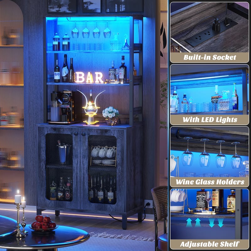 66.9'' Tall Modern Wine Cabinet Bar Cabinet with Wine Glasses Rack and LED Strip and Power Outlets