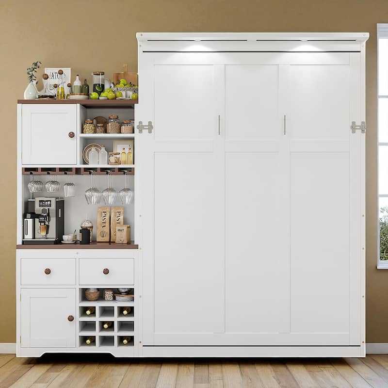Queen Murphy Bed with Storage Cabinet, Wine Rack & Glass Holder, Multicolor LED, Drawers, 600 lb Capacity, 6-8 in Mattress - White - Queen