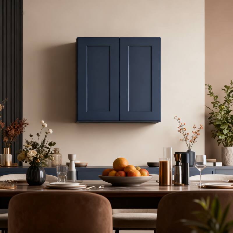 Navy Blue Shaker 30" Solid Wood Wall Cabinet, Soft Close Hinges, Adjustable Shelves, Double Door for Kitchen