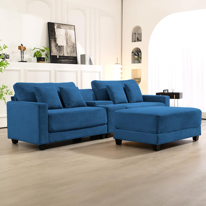 Oversized Corduroy Upholstered Sofa with a Removable Ottoman & 4 Pillows