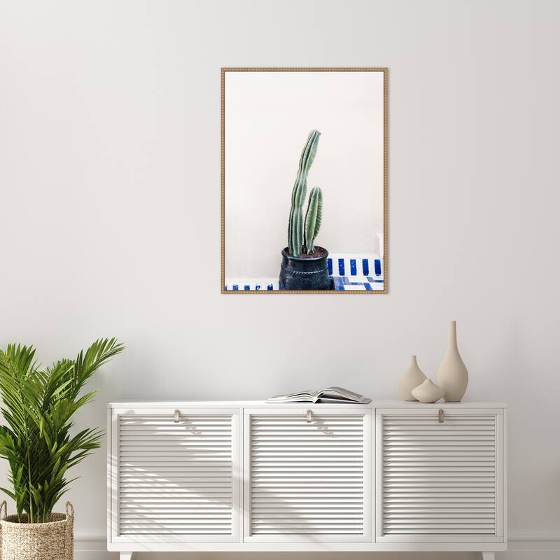 Green cactus and blue pottery in Morocco by Photolovers Framed Canvas Wall Art Print