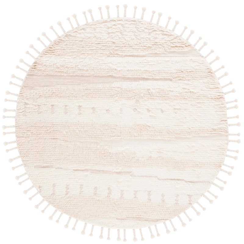 SAFAVIEH Handmade Kenya Costina Wool Tassel Rug - 6' Round - Ivory/Beige