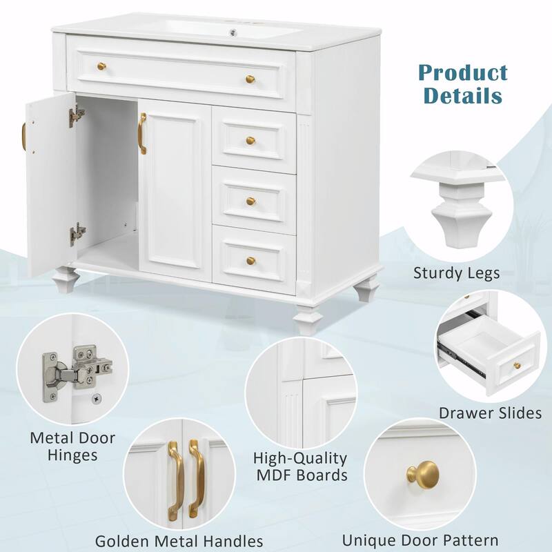 36" Bathroom Vanity with Sink, Cabinet, Flip-Out Drawer, 3 Drawers & 2 Soft-Close Doors