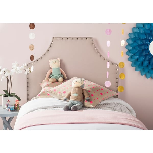 slide 2 of 3, SAFAVIEH Denham Taupe Linen Upholstered Headboard - Silver Nailhead (Twin)