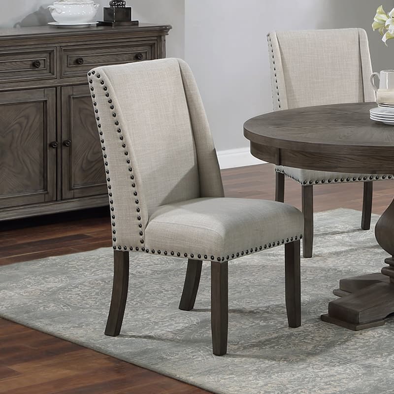 Set of 2 Upholstered Dining Chairs with Nailhead Trim in Oak