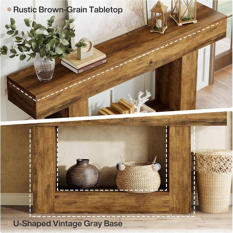 63" Long Console Table, Farmhouse 2-Tier Entryway Table with U-Shaped Base - 63" W x 11.8" D x 32.3" H