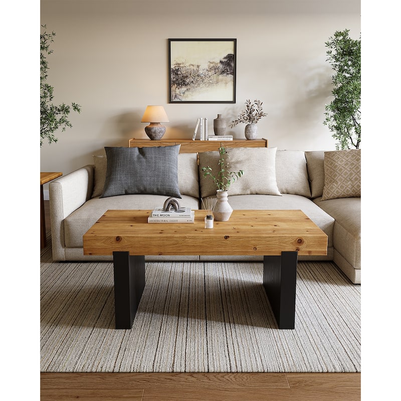 Rectangle Solid Wood Center Coffee Table for Living Room - Brown+Black