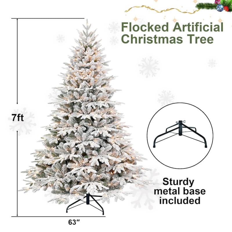 9ft Pre-Lit Flocked Artificial Christmas Tree with 1050 Lights,Hinged Pine with Partial Memory Wire Branches,Metal Stand