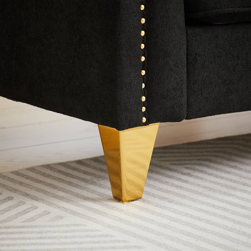 Mid-century Chenille Pull Buckle Sofa, Buttons Tufted With Copper Nail and Metal Leg