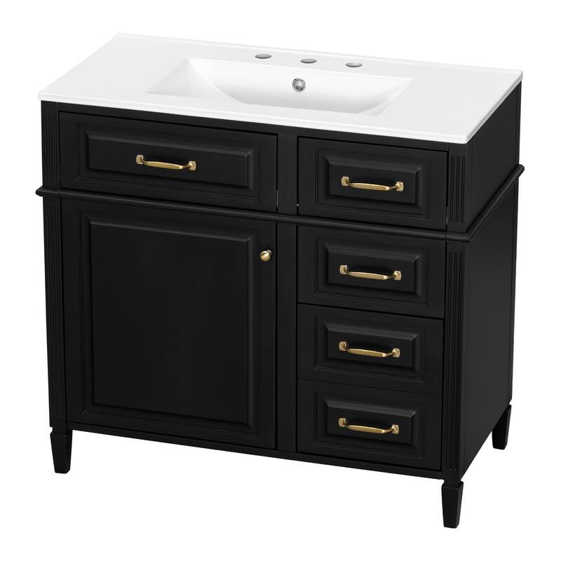 Roomfitters 36" Bathroom Vanity with Sink, Solid Wood Legs, 4 Drawers & Soft-Close Door with Storage Rack
