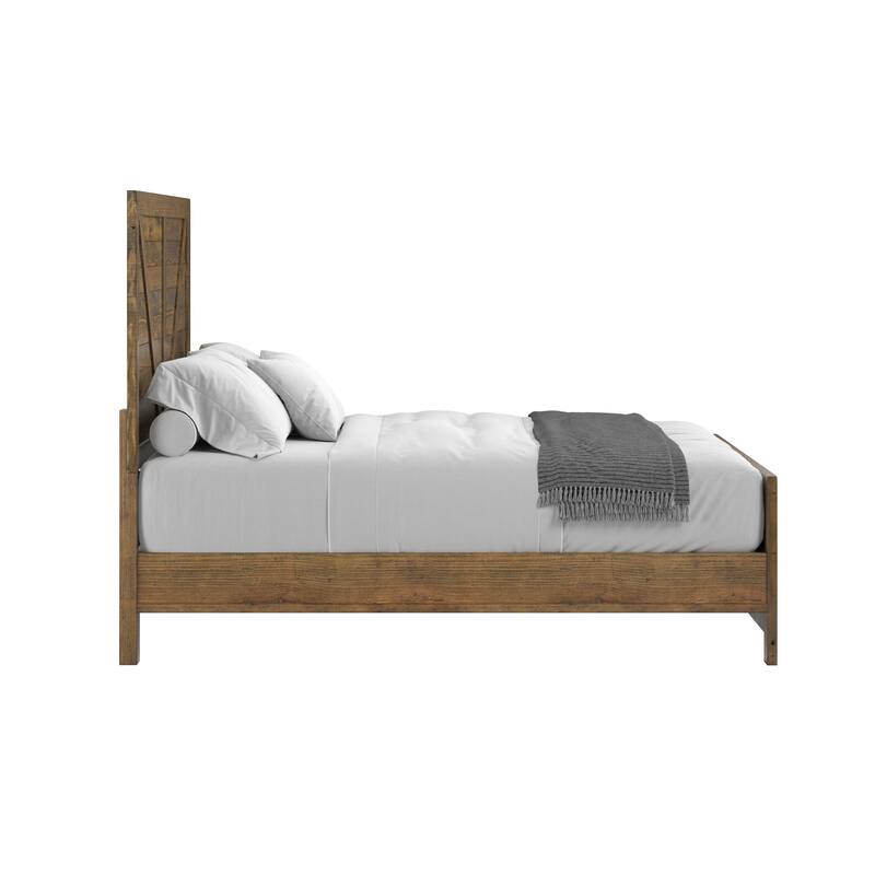 Rustic Queen Size Platform Bed in Caramel Brown Finish with Slatted Design and Easy Assembly