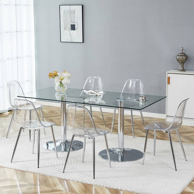 71" Dining Table Set for 6-8, Rectangular Kitchen Table with Transparent Plastic Chairs, Modern Glass Dining Room Table Set - Silver,Transparent - 7 Piece