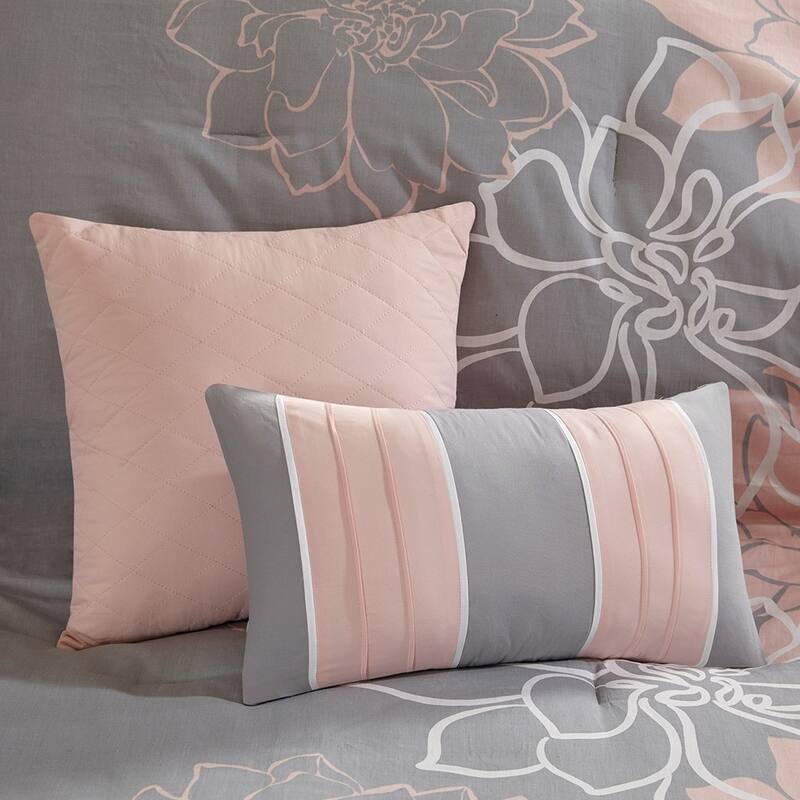 Anmytek Queen Size Printed Cotton Sateen Comforter Set Grey Peach Luxury Floral Bedding Collection