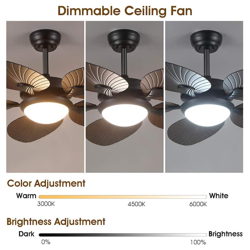 Kviflon 44" Wood GrainTropical Ceiling Fan with Light and Remote,Indoor and Outdoor Ceiling Fan,Waterproof - 44 Inches