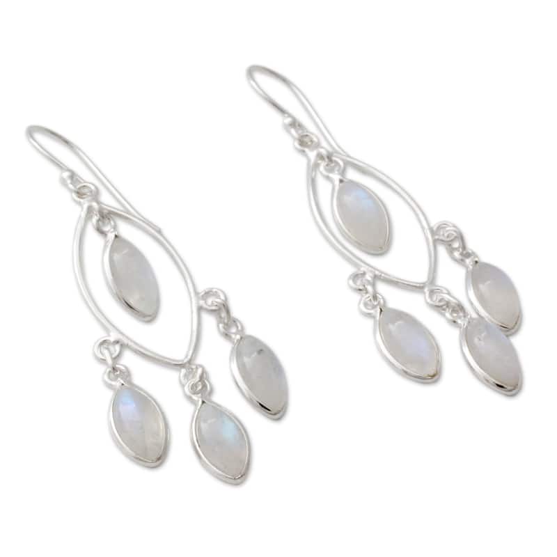 Handmade Sterling Silver 'Luminous Dew' Rainbow Moonstone Chandelier Earrings (India) - 2.2*0.6