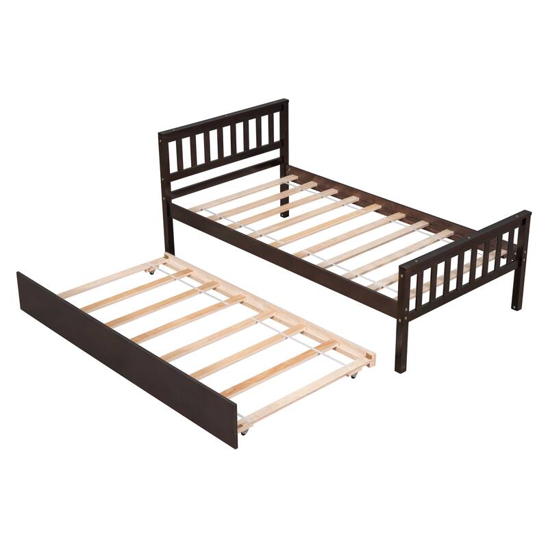 Twin Platform Bed Frame with Trundle, Headboard, and Footboard, No Box Spring Needed, Espresso