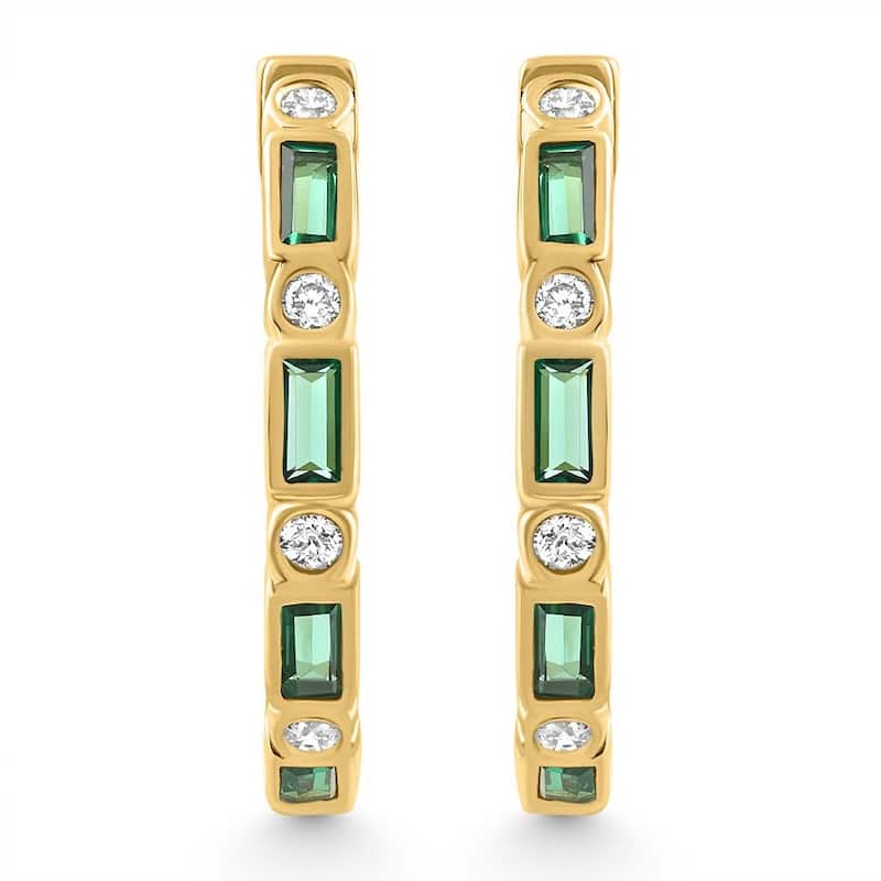 Bliss Diamond 1/2Ct Emerald & Diamond Crown Jewel Hoops Yellow Gold Earrings Lab Grown 3/4"