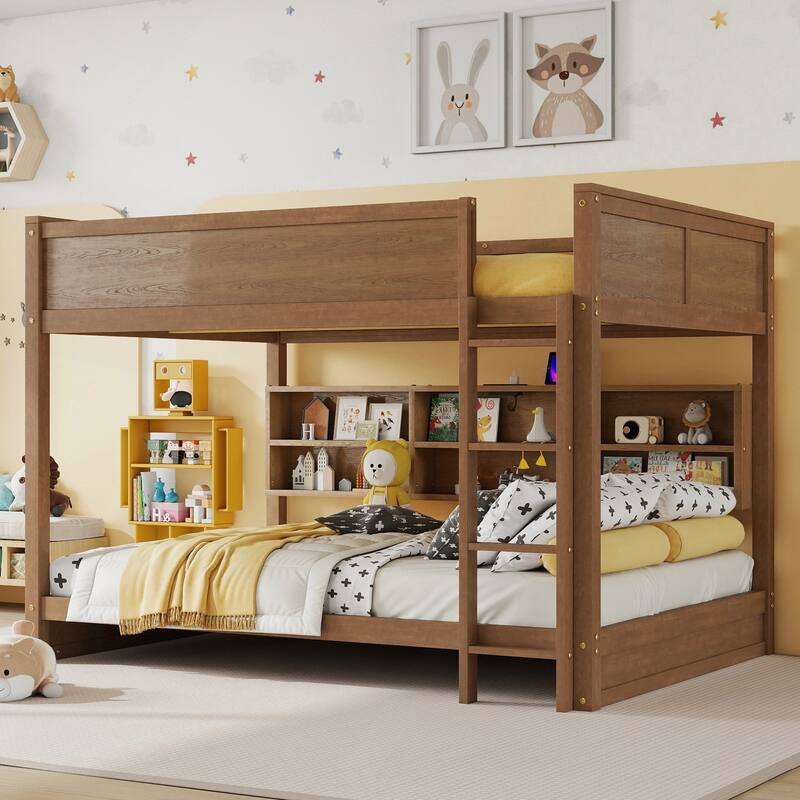 Queen Over Queen Bunk Bed with Built-in Storage Cabinets and Charging Station