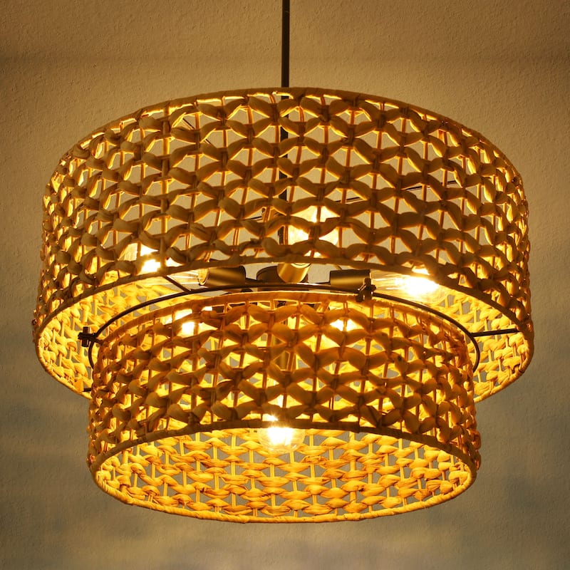 Ravy Farmhouse 6-Light Drum Rattan Chandelier Coastal Natural Pendant Light for Kitchen Dining Room - Dia. 26" x H 15.7"