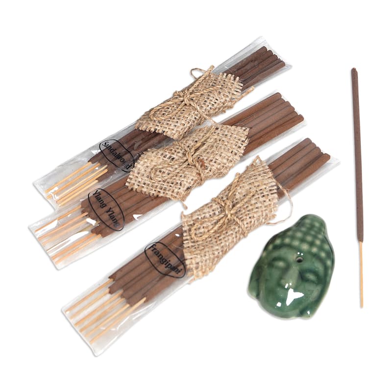 Novica Handmade Green Vesak Celebration Ceramic Incense Set