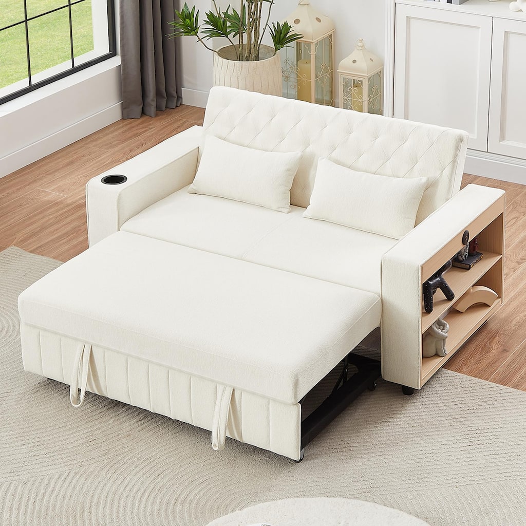 61.4" Pull-out Sofa Bed Convertible Loveseat with Adjustable Backrest, Beige Chenille