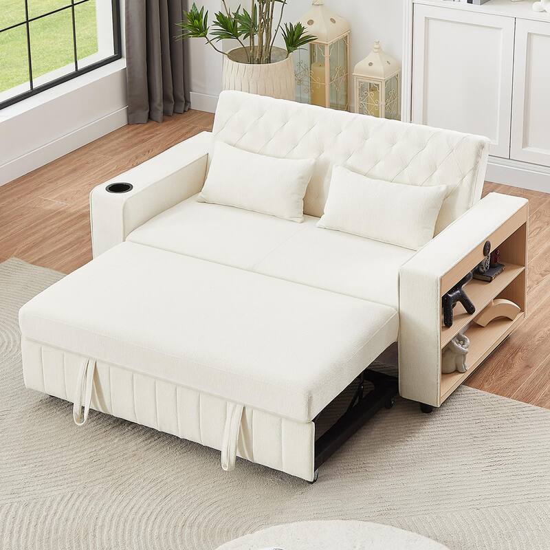 61.41" Chenille Convertible Sofa Bed with Adjustable Backrest, USB & Cup Holders - Beige