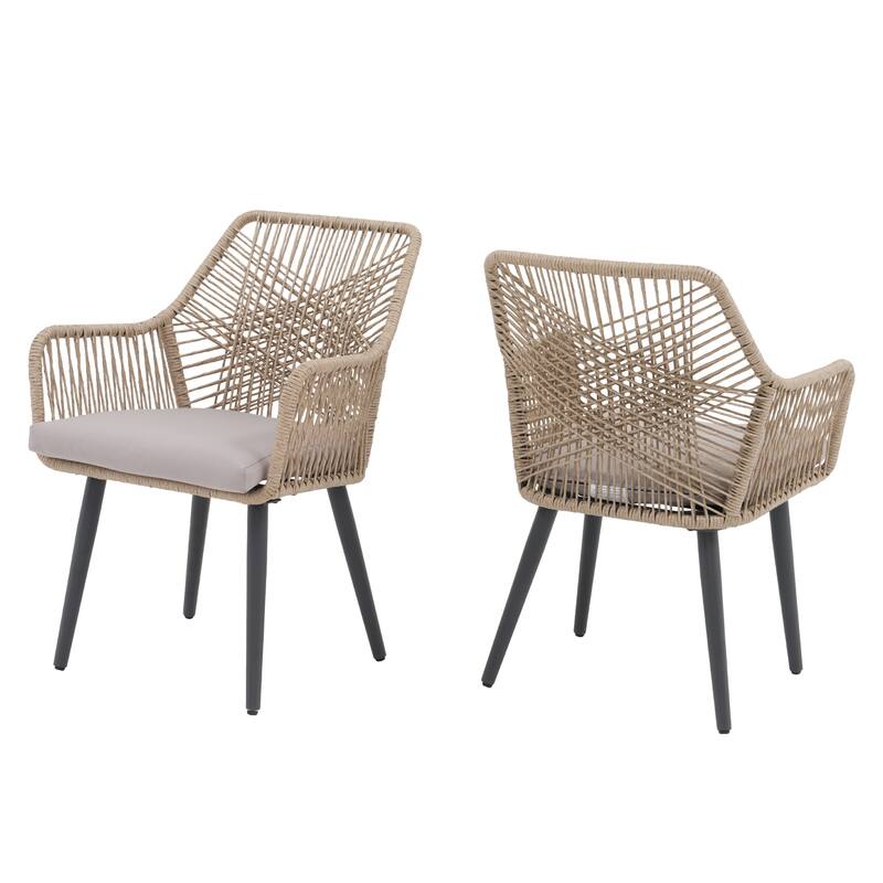Outdoor Patio Woven Rope Dining Chairs With Armrest and Seat Cushions