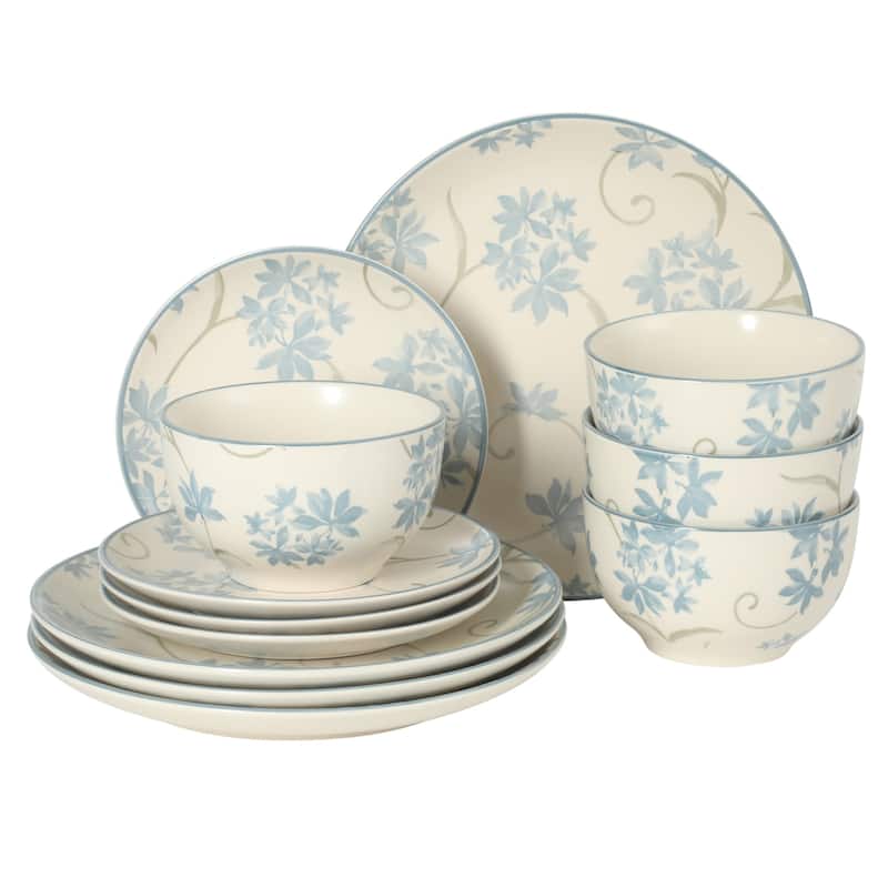 Gibson Home Admiral Hall 12-Piece Stoneware Durable Everyday Dinnerware Set- Plates & Bowls with Floral Pattern - Blue