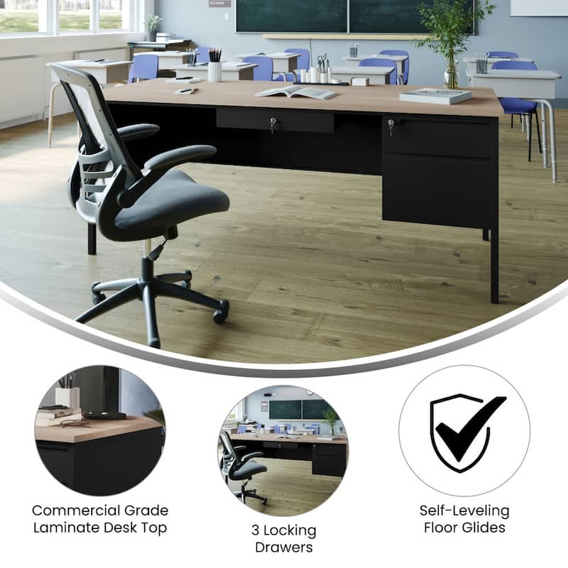 Commercial Right Side Single Pedestal Desk with 3 Locking Drawers