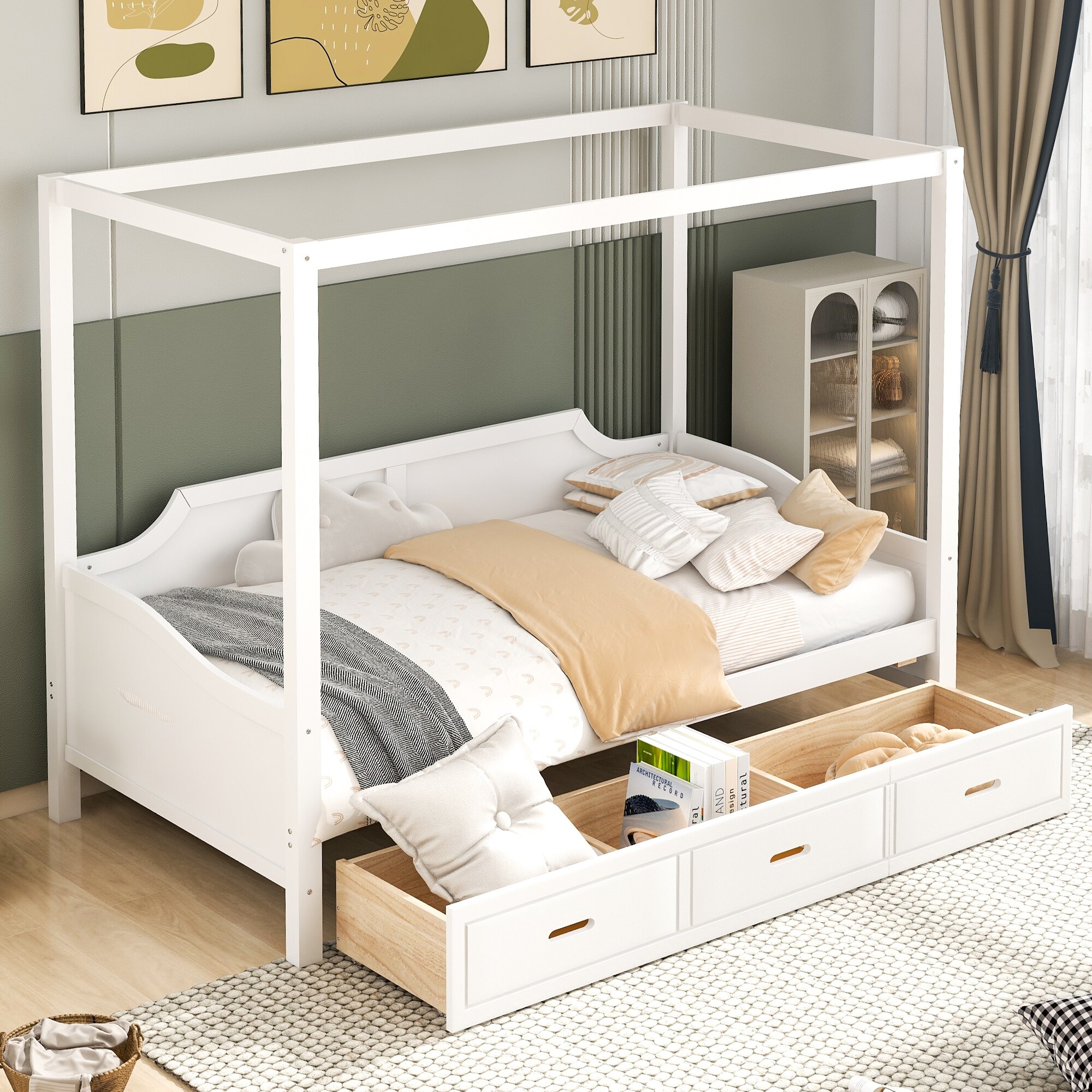 Twin Size Canopy Daybed with 3 in 1 Storage Drawers Wooden
