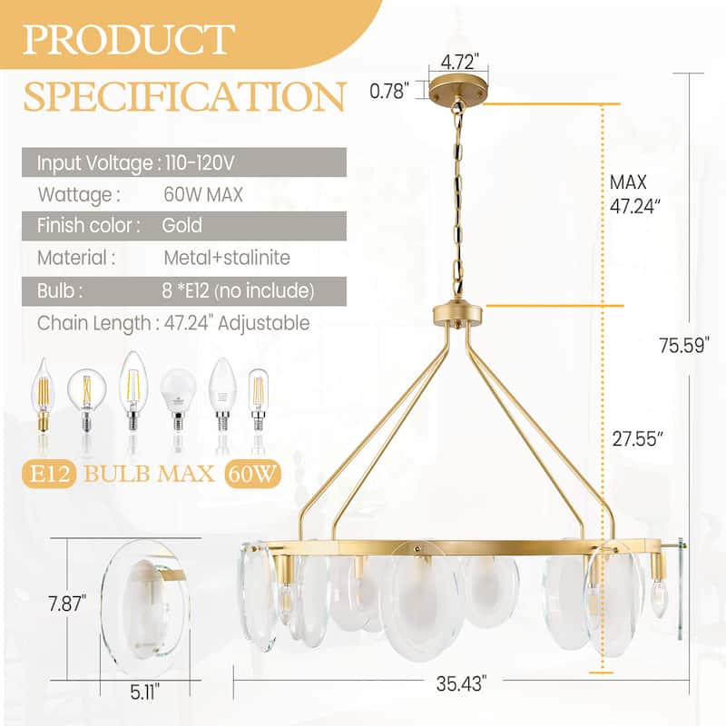 Modern 8-Light Wagon Wheel Chandelier with Tempered Glass Shape