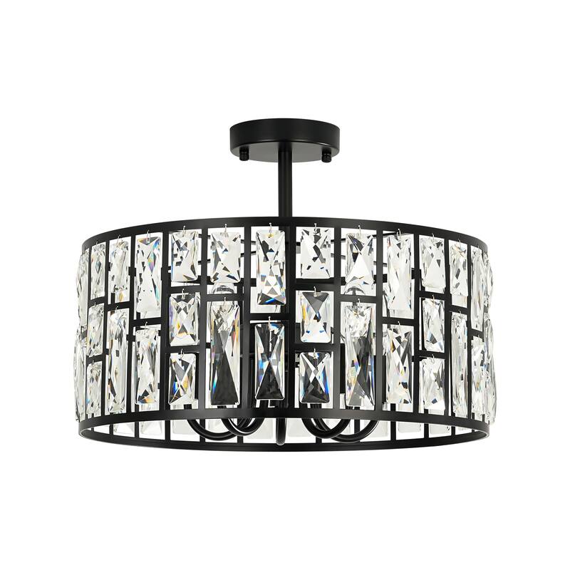 3/5-Light Industrial Vintage Black Drum Semi-Flush Mount Ceiling Light with Crystal Accents